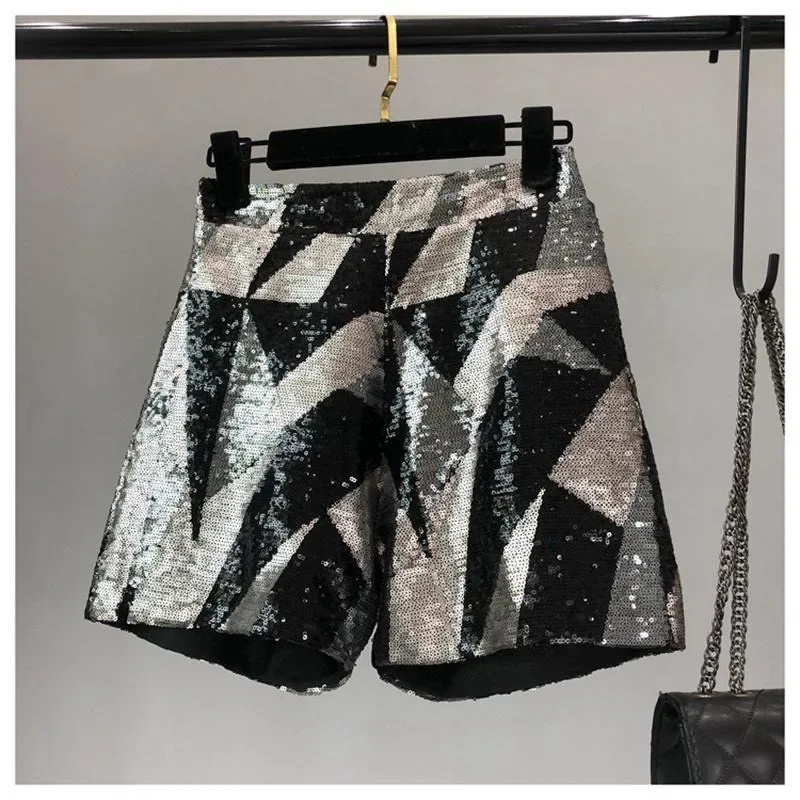 Loose Plus Size Port Style Sparkling Wide Leg Pants Sequined Zipper High-waisted Shorts with Everything Trendy Pants New Shorts