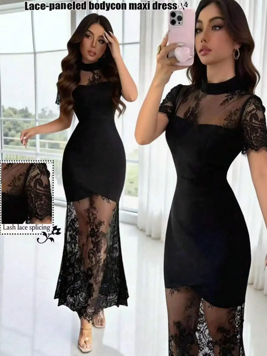 

Lace-Paneled Bodycon Maxi Dress Elegant Black Lace Dress With Short Sleeves And High Neck