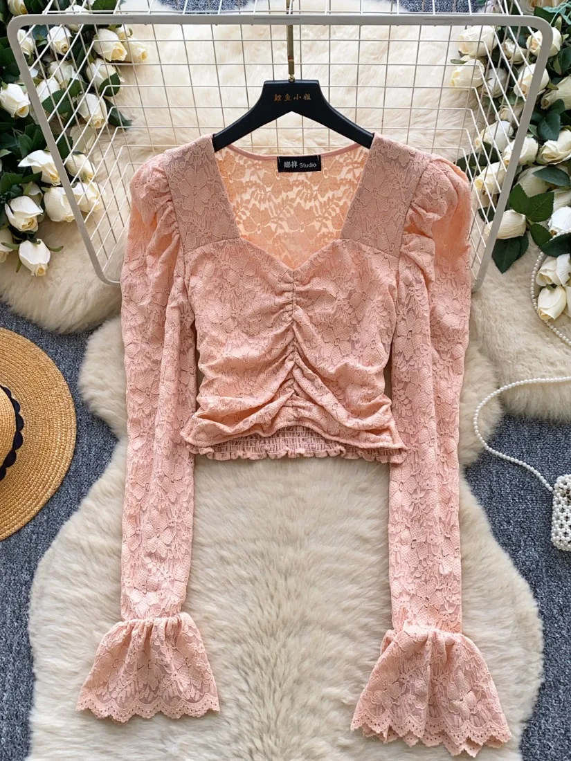 

Foamlina женская кружевная рубашка, новая мода, осенняя сексуальная рубашка с v-образным вырезом и длинными расклешенными рукавами, плиссированные укороченные футболки с рюшами, облегающая одежда