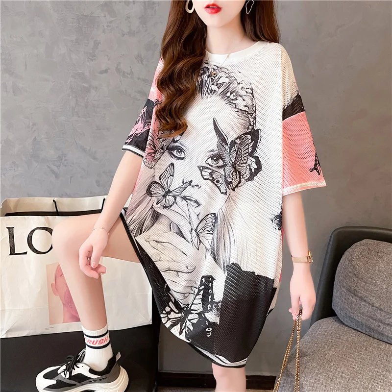 #4202 Sommer T-Shirt Kleid Frauen kurze Ärmel koreanischen Stil schnell trocknende Frauen T-Shirt Kleid übergroße aushöhlen Mini kleid Damen