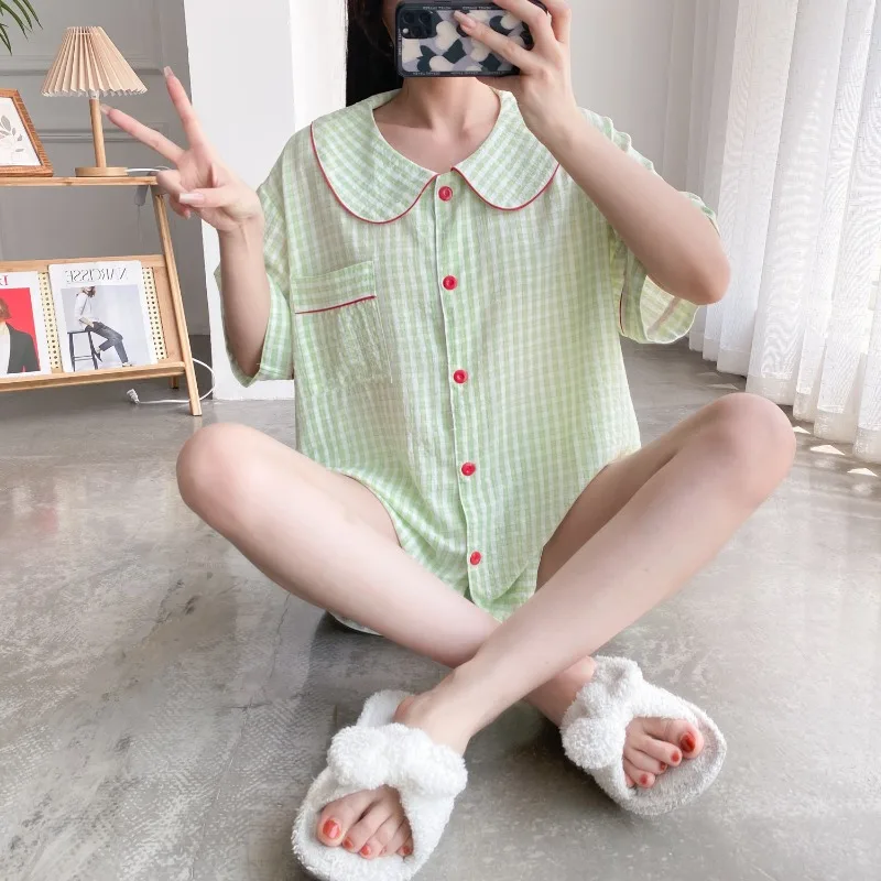 5XL Plus Size Summer Plaid Pajamas Set Women Sweet Short Sleeve Shorts Loungewear 2024 Ins Korean Style Students Home Clothes