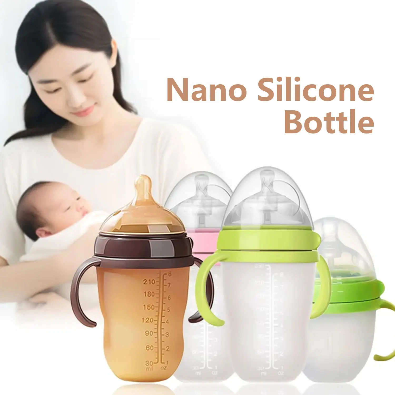 

1 шт., 150 мл/240 мл, силиконовая детская бутылочка для новорожденных, антиколиковая, с широким горлышком и ручками, мягкая бутылочка без BPA