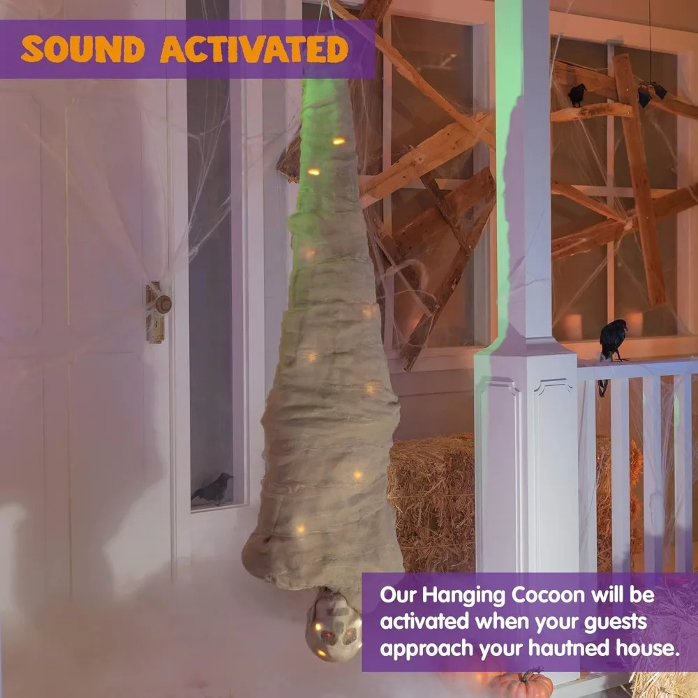 Adereço de cadáver casulo pendurado animado para decorações de Halloween: decoração de corpo de esqueleto interno e externo