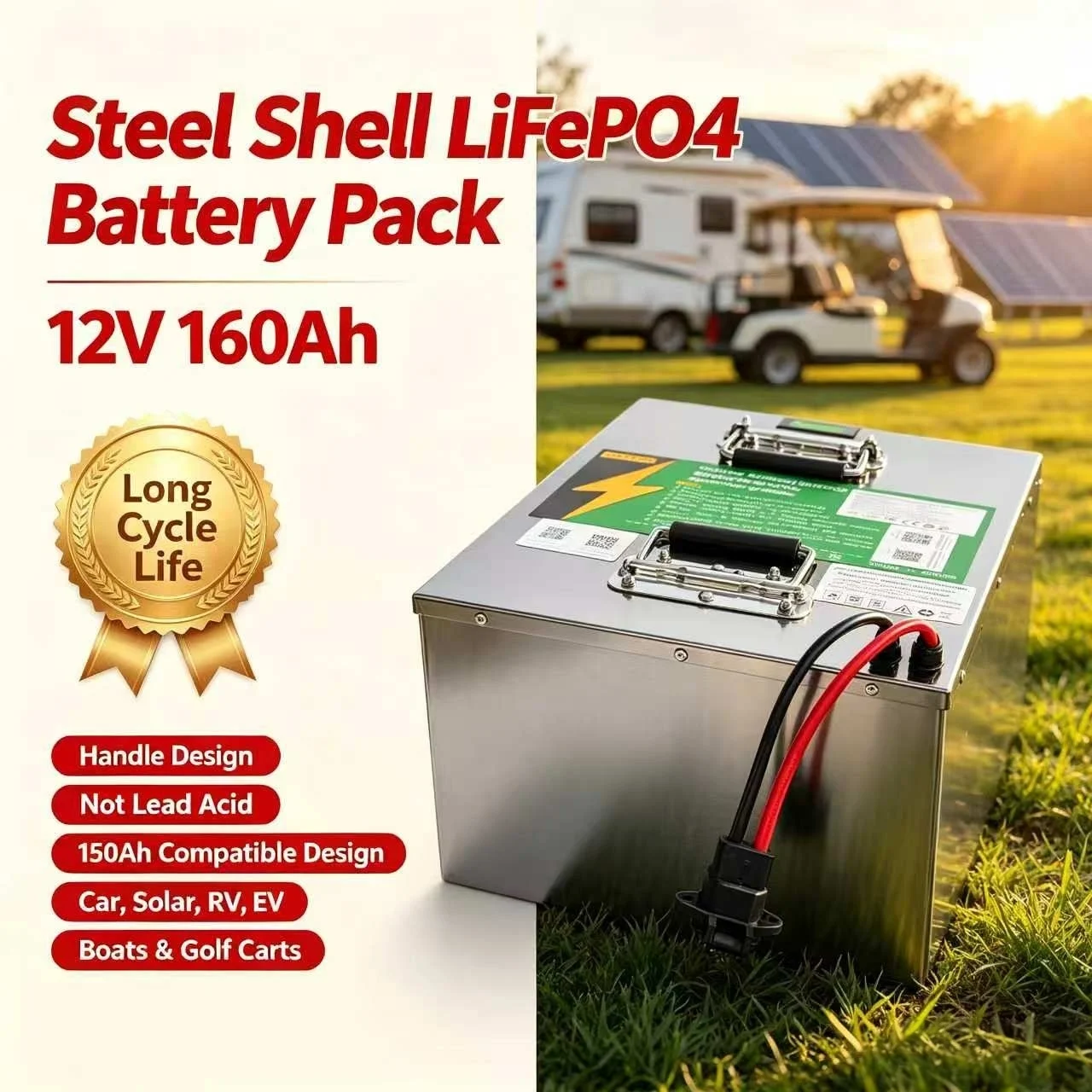 Steel shell Lifepo4 12v 160Ah battery pack Handle Not lead acid battery long cycle 150Ah car solar RV EV design,boats,golf carts