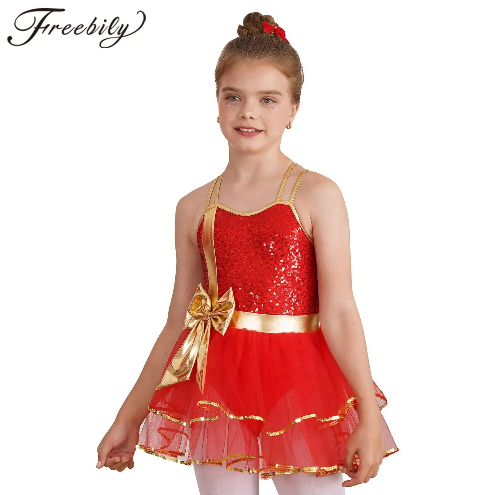 Vestido de Natal sem mangas feminino com lantejoulas brilhantes, Tutu Teen Girls, Bow Cami Dress, Dance Collant, Vestidos Cosplay, Xmas Party, Performance