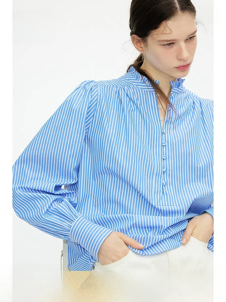 

Casual Cotton Blouse Women's Shirt Half Open Collar Pleated Floral Trim Summer Fashion Commuting Long Sleeve Stripe Pattern