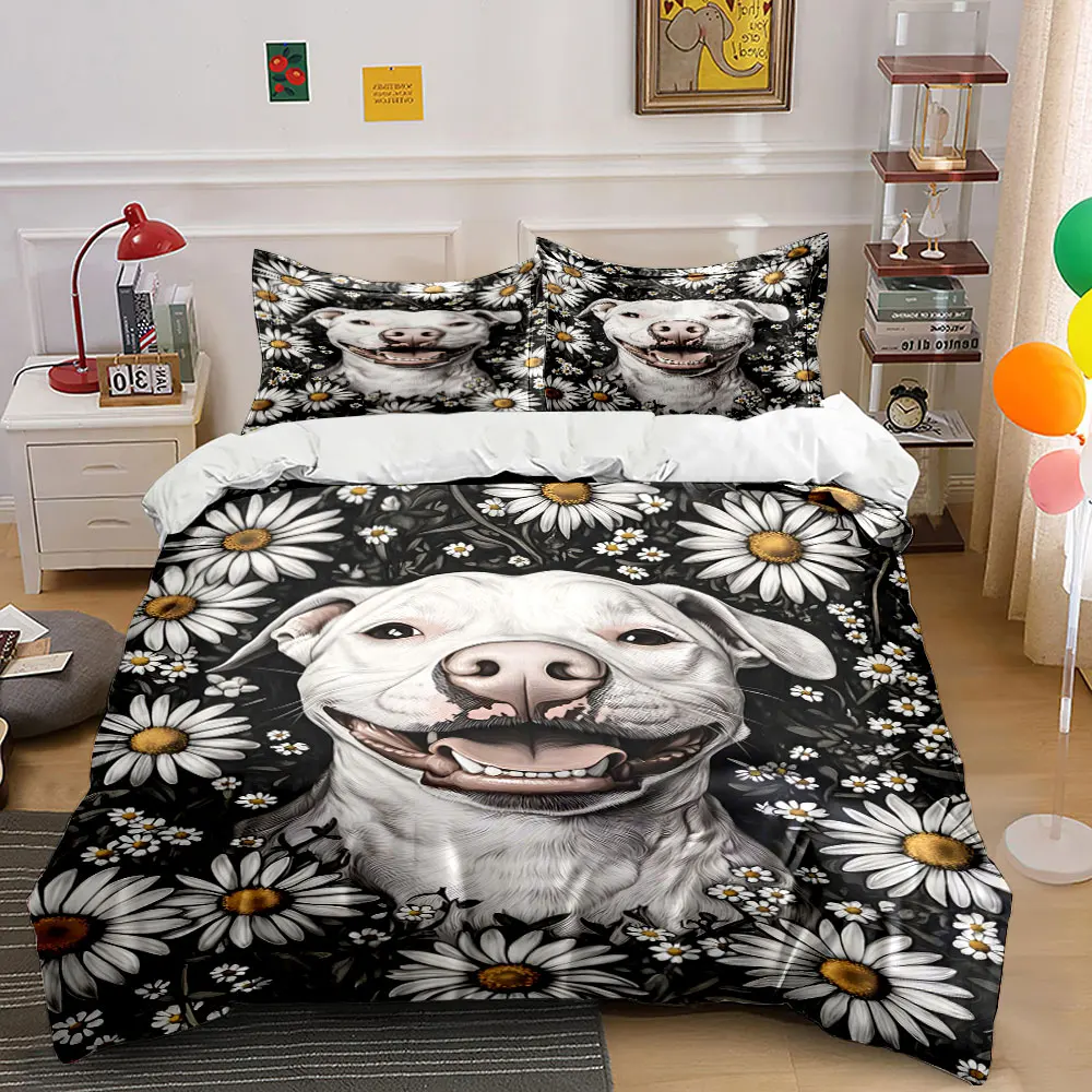 3pcs Cheerful white dog in daisies Duvet Cover Set with 3D Printing Design Soft Polyester Bedding Set All-Season Comfort