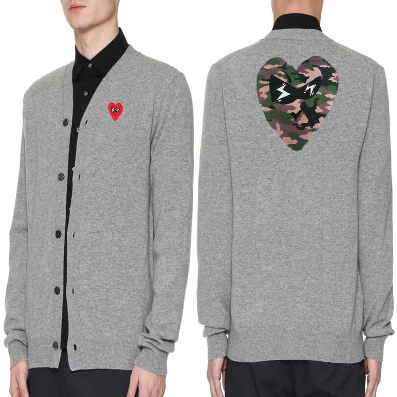 

Men V-Neck Sweater Cardigan Heart Embroidery Cartoon Color Print Single Breasted Spring Autumn Long Sleeve Casual Cardigan