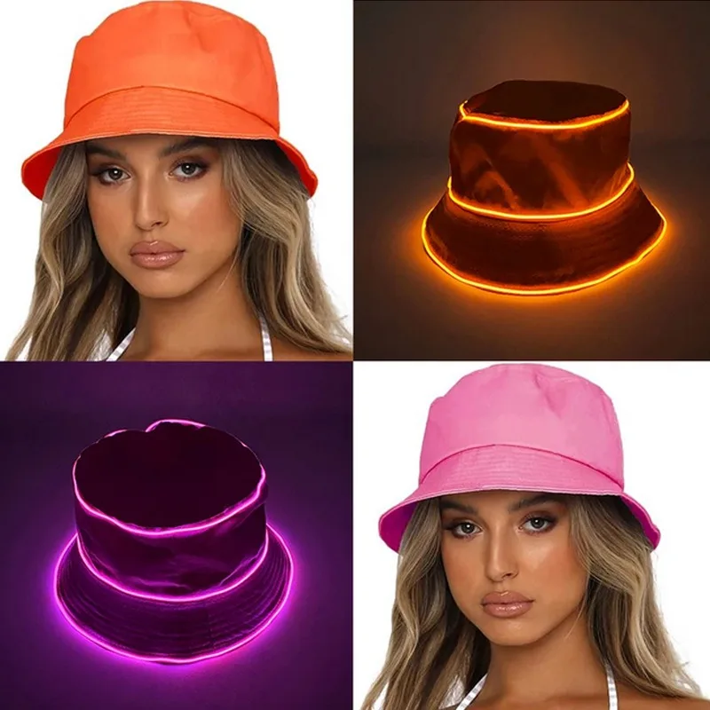 

LED Fisherman Hat Logo Embroidery Unisex Bucket Cap Glow Sun Protection Flat Top Outdoor Promotional Custom Event & Party
