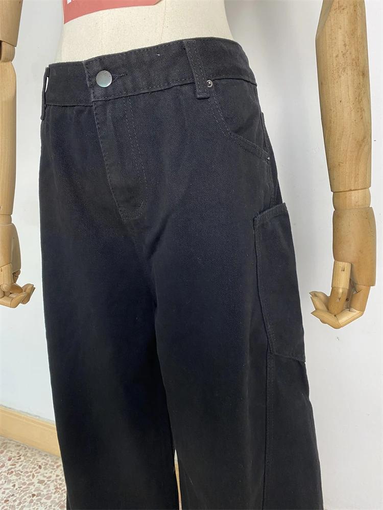 Damskie luźne spodnie jeansowe z szerokimi nogawkami, dużymi kieszeniami, czarne, w stylu cool girl, z wysokim stanem, streetwearowe, modne, damskie, codzienne jeansy.