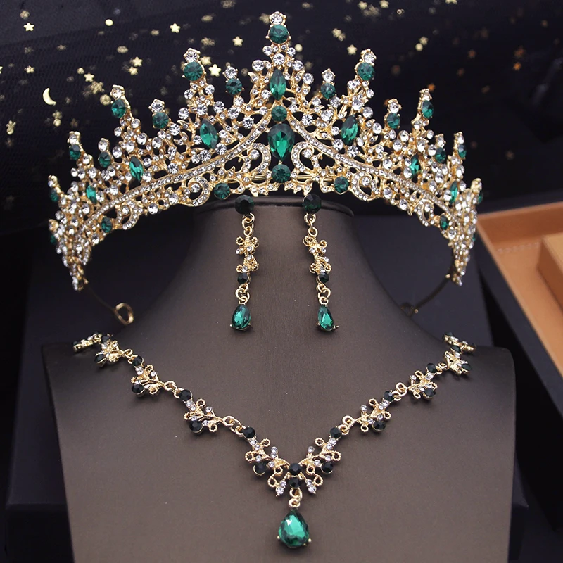 Green Crown Bridal Jewelry Sets for Women Choker Necklace Sets With Tiaras Wedding Dress Prom Bride Jewelry Accessories