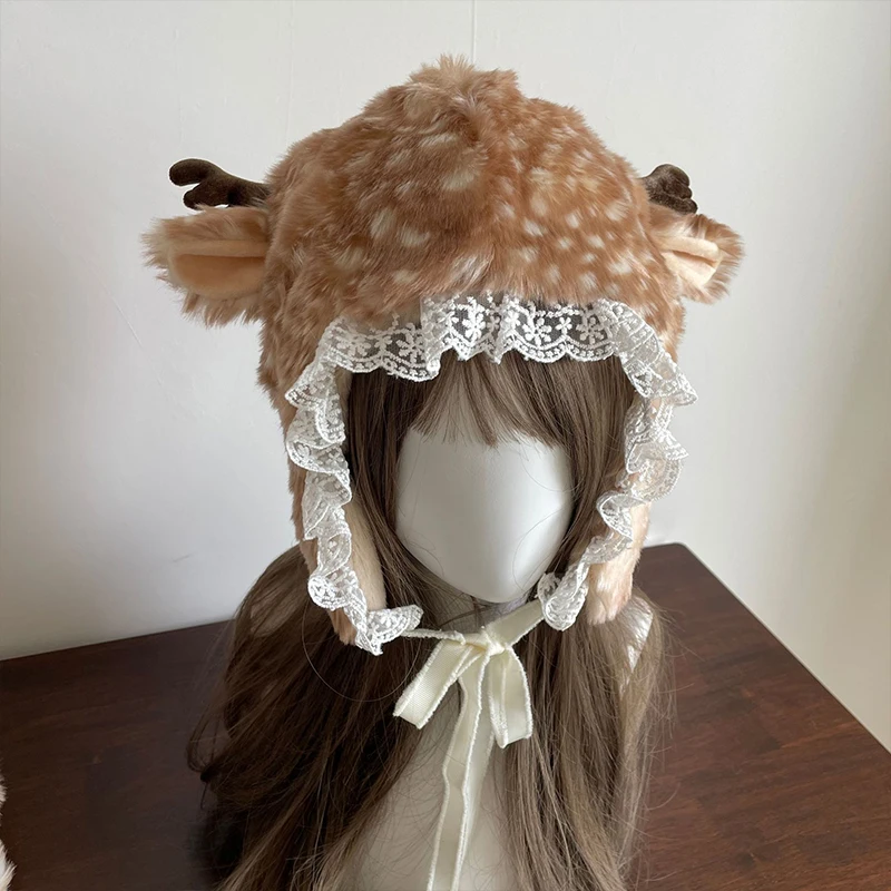 Cute Women Faux Fur Christmas Deer Hat Lace Plush Lace-Up Pullover Hat Winter Ear Protection Elk Hats Reindeer Furry Boots Socks