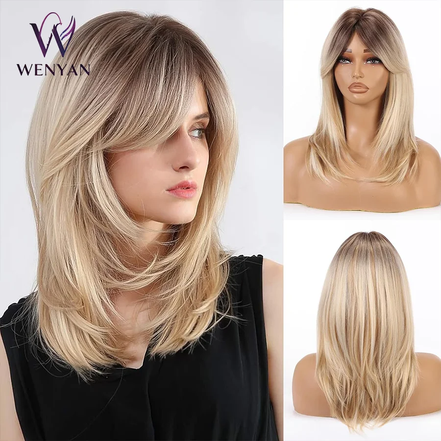 14 Inch Rooted Ombre Blonde Layered Synthetic Wig Face Framing Medium Wig Women Daily Cosplay Hair