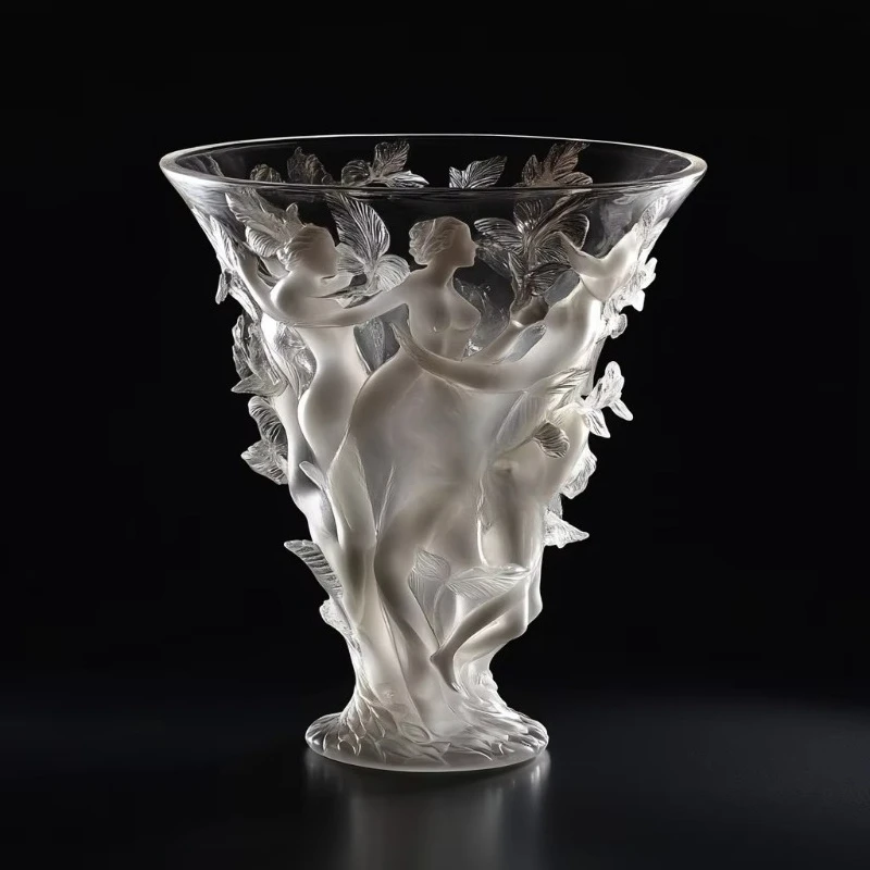 

Hand carved crystal glass, wine glass vase art, decorative design for weddings, and bar mitzvahs, tabletop home decor