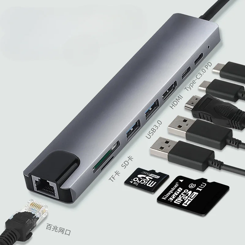 

Концентратор типа C, 1 шт., восьми в одном док-станции расширения, тип-c к HDMI, совместимый с RJ45, USB3.0, SD, TF, PD