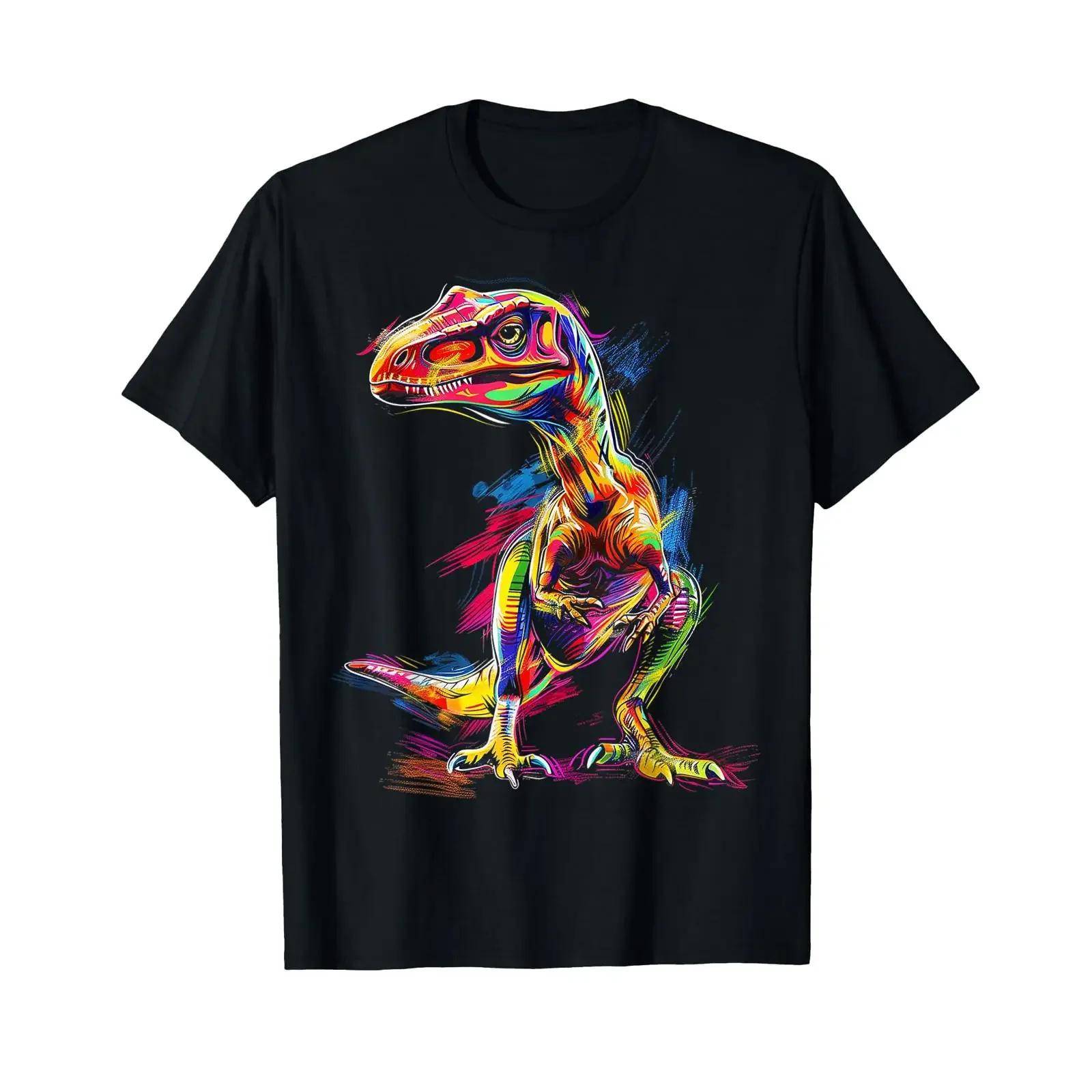 Velociraptor Dinosaur Motif Colorful T Shirt vintage Washed Top For Everyday Wear designer clothes Versatile Comfortable homme