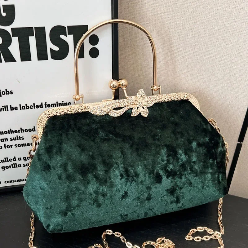 Vintage Women Shell Evening Clutch Wedding Prom Bride Flock Shoulder Bags Purse and Handbags Luxury Female Velvet Messenger Bags