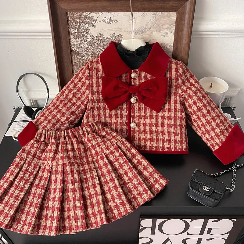 

Childrens Sets Girls Thickening Baby Red Adding Cotton Two Piece 2024 Turn Down Collar Simple Pleated Fashion Loose