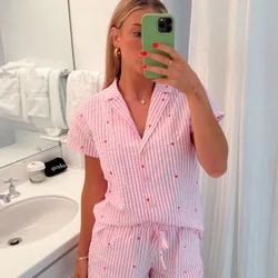 Women 2 Piece Pajama Set Fruit Print Long Sleeves Button Shirt and Elastic Waist Pants Cotton Loungewear Soft Sleepwear
