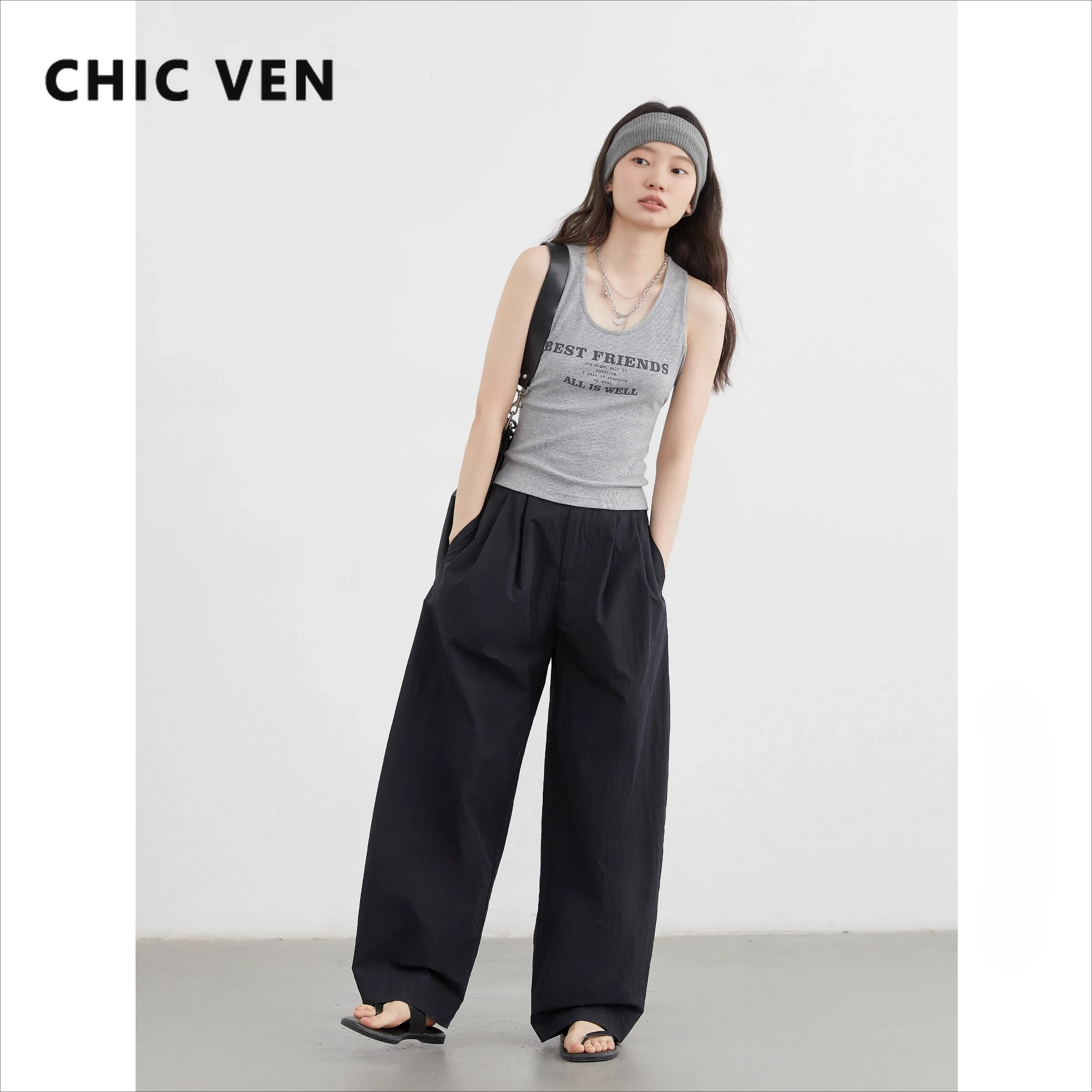 

Женские брюки CHIC VEN, свободные повседневные однотонные новые легка морщинистые женские брюки с высокой талией, плиссированные брюки, весна-осень 2025