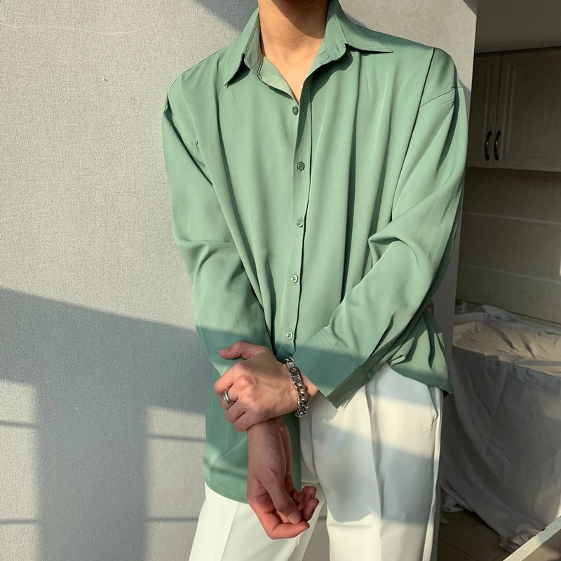 Green Long Sleeve Silk Shirt Men's Loose Fit Iron Free Vintage Drapey White Cotton Poplin Button down Youthful Spring Fashion