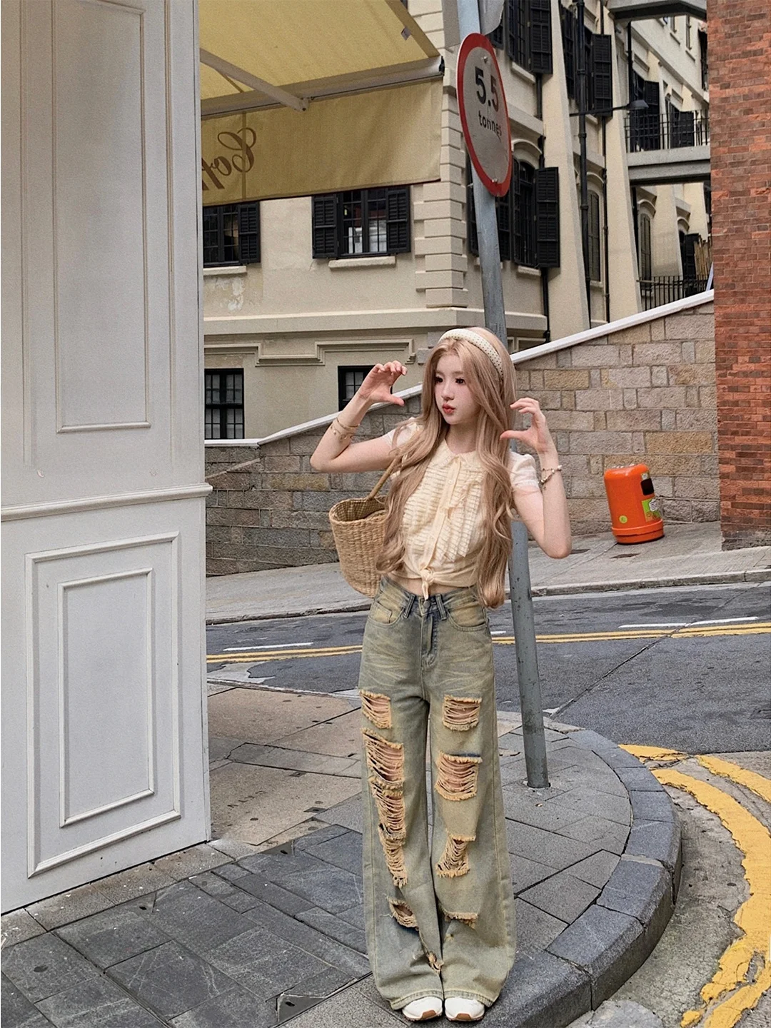 American High Street Style Faded Wide Leg Denim Jeans Women's Loose Large Size Draping Long Pants Casual Wear Daily Commute