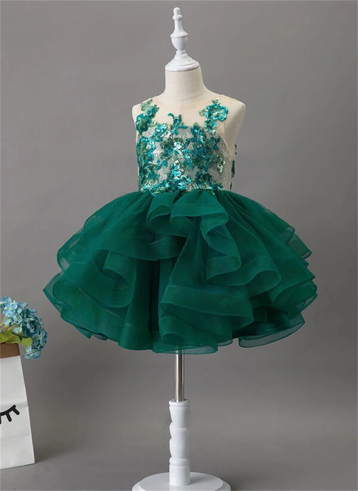 Robe de mariée à fleurs pour filles, col rond, gaze de fibre, paillettes appliquées, fermeture éclair bouffante verte, taille de document personnalisée, robe éducative