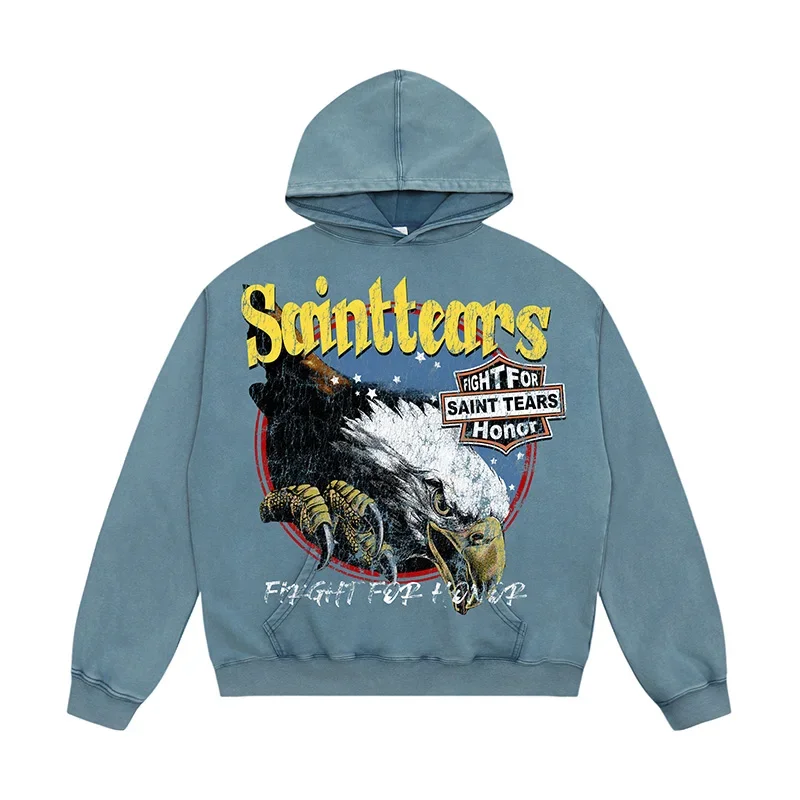 Best Quality 400GSM High Street Vintage Washed Black Blue Saint Tears Hoodie Men Women Crack Eagle Logo Print Loose Pullovers