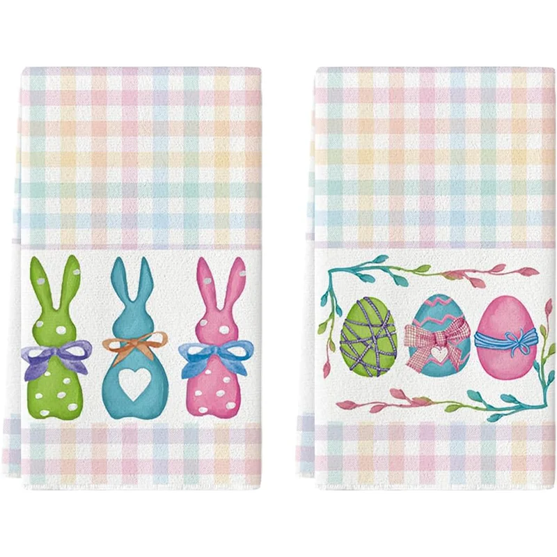 2Pcs, Easter Colorful Plaid Bunny Egg Kitchen Towels, 40Cm*60Cm Towel Set, Super Absorbent Soft Cleaning Cloth, Cooking Baking Tea Towel, Hand Towel, Cleaning Cloth, Dishcloth, Kitchen Decoration, Living Room Decoration, Kitchen Essentials, Home Essentials