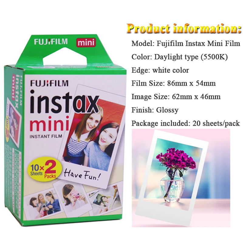 10/20/30 Sheets Original Fujifilm Instax Mini Film Mini 11 9 8 Photo Paper B&W Rainbow Instant Mini 7s 8 70 90 Camera Black &Wh