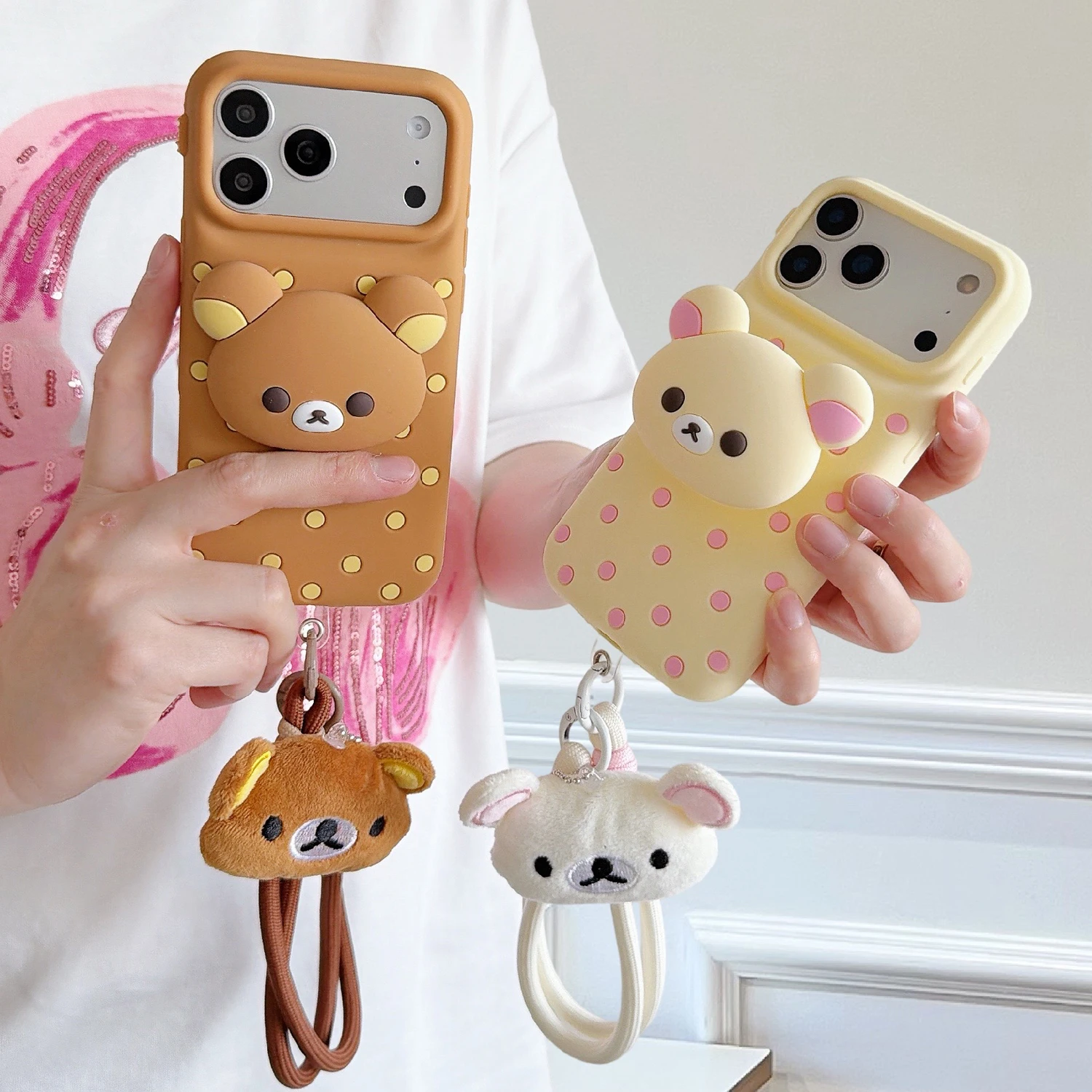 

3D Cute Bear Phone Case For iPhone 17 16 15 14 13 12 Pro Max With Wrist Strap & Stand Soft Silicone Anti-drop Polka Dot Cover
