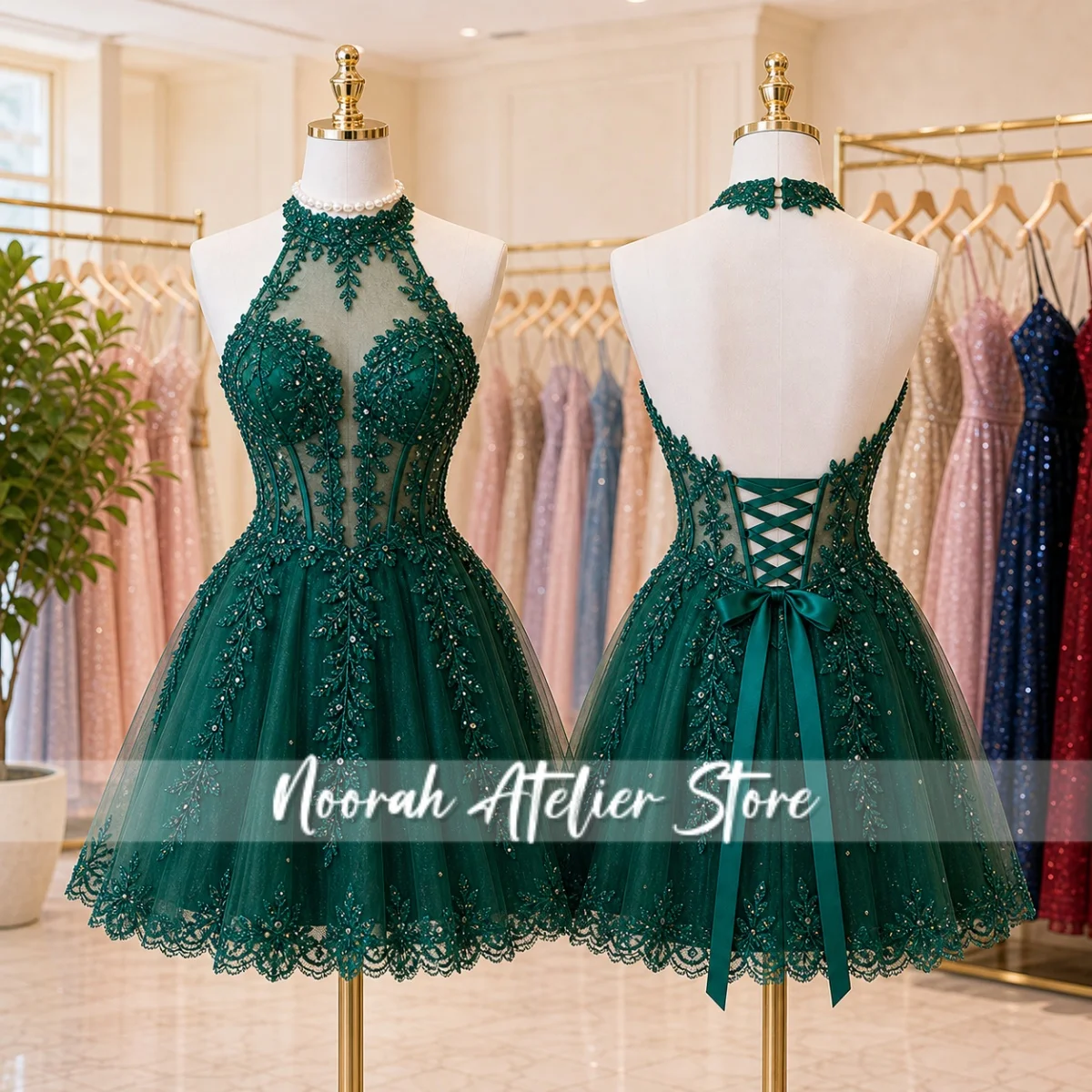 

Emerald Green Halter Neck Homecoming Dress Beaded Lace Corset Short Party Dress Cocktail Dress 2026 Mini GownsCustomized