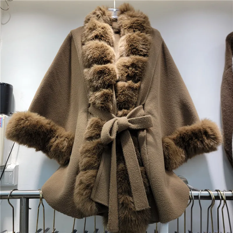Clothland Women Retro Fur Cape Coat Shawl Batwing Sleeve Sashes Oversize Style Female Chic Jacket Mujer CB407