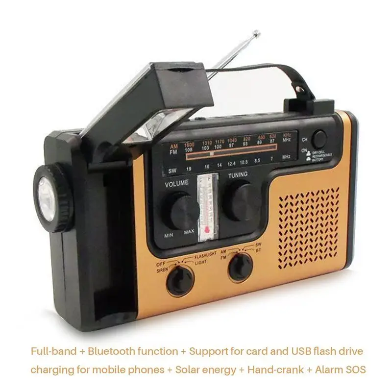 Emergency Radio With AM/FM Functionality Solar Powered LED Flashlight Hand Crank Charging Power Bank