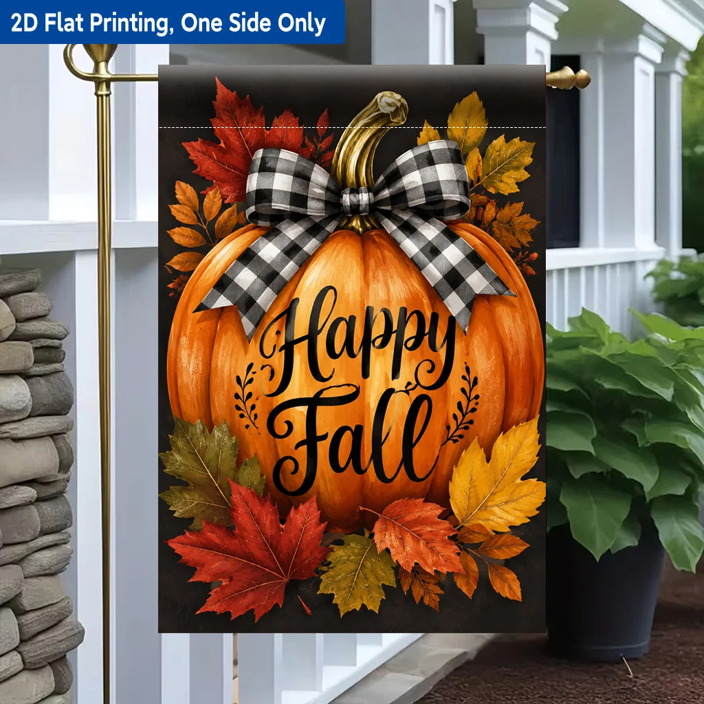 2D Flat - 2D Flat - 2D Flat, Garden Flag 1 Pack, Pumpkin Checked Bow and Autumn Leaf Decorative Polyester Garden Flag, Single Side Print, Garden Outdoor Festival Decorative Garden Flag, Size 11.8 X 17.7 Inches Without Flagpole