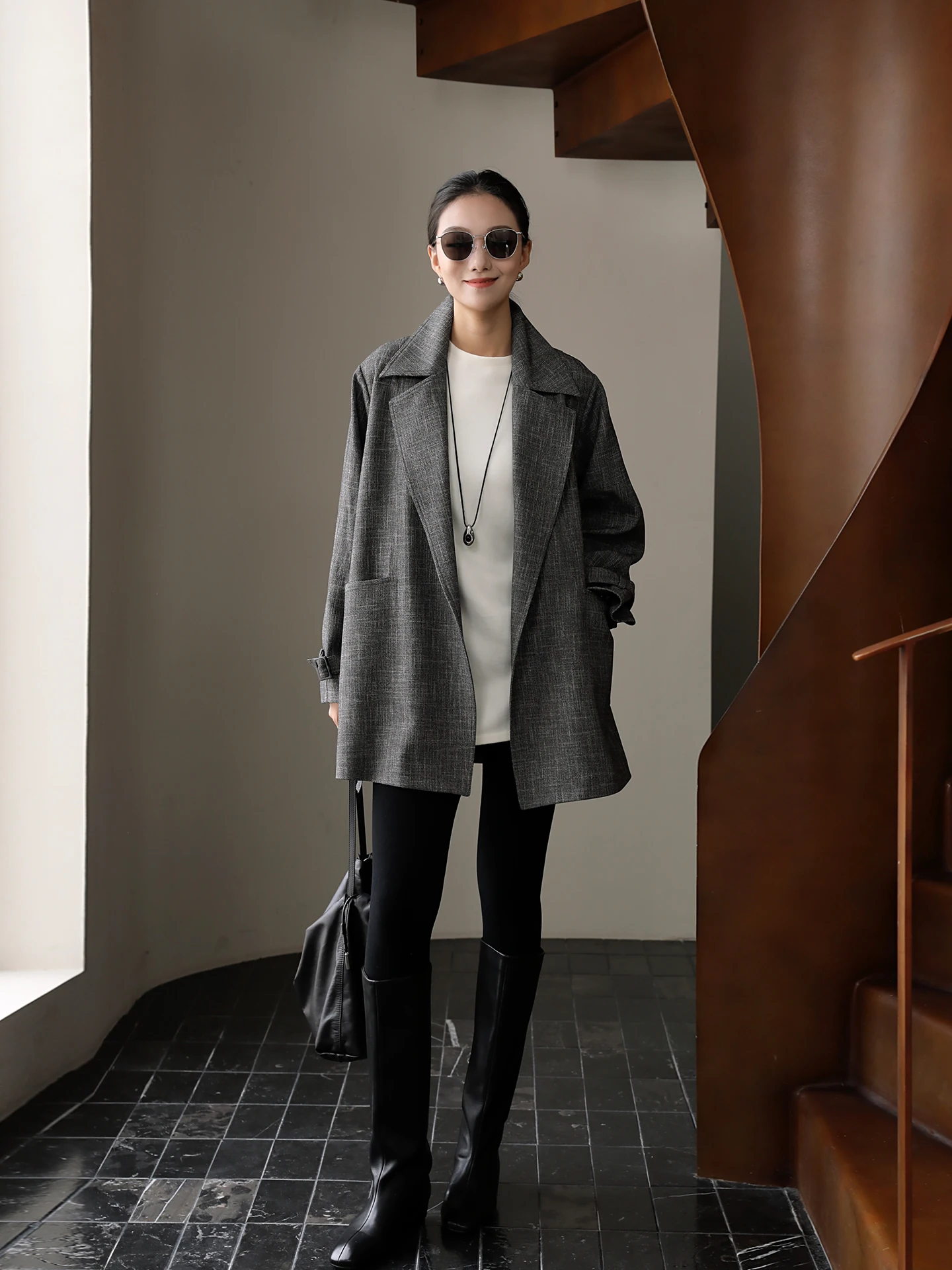 

Slimming Belted Long Sve Coat Vintage Collar Outerwear Women's Sle Commute Windproof Polyester Blend Fiber Faion