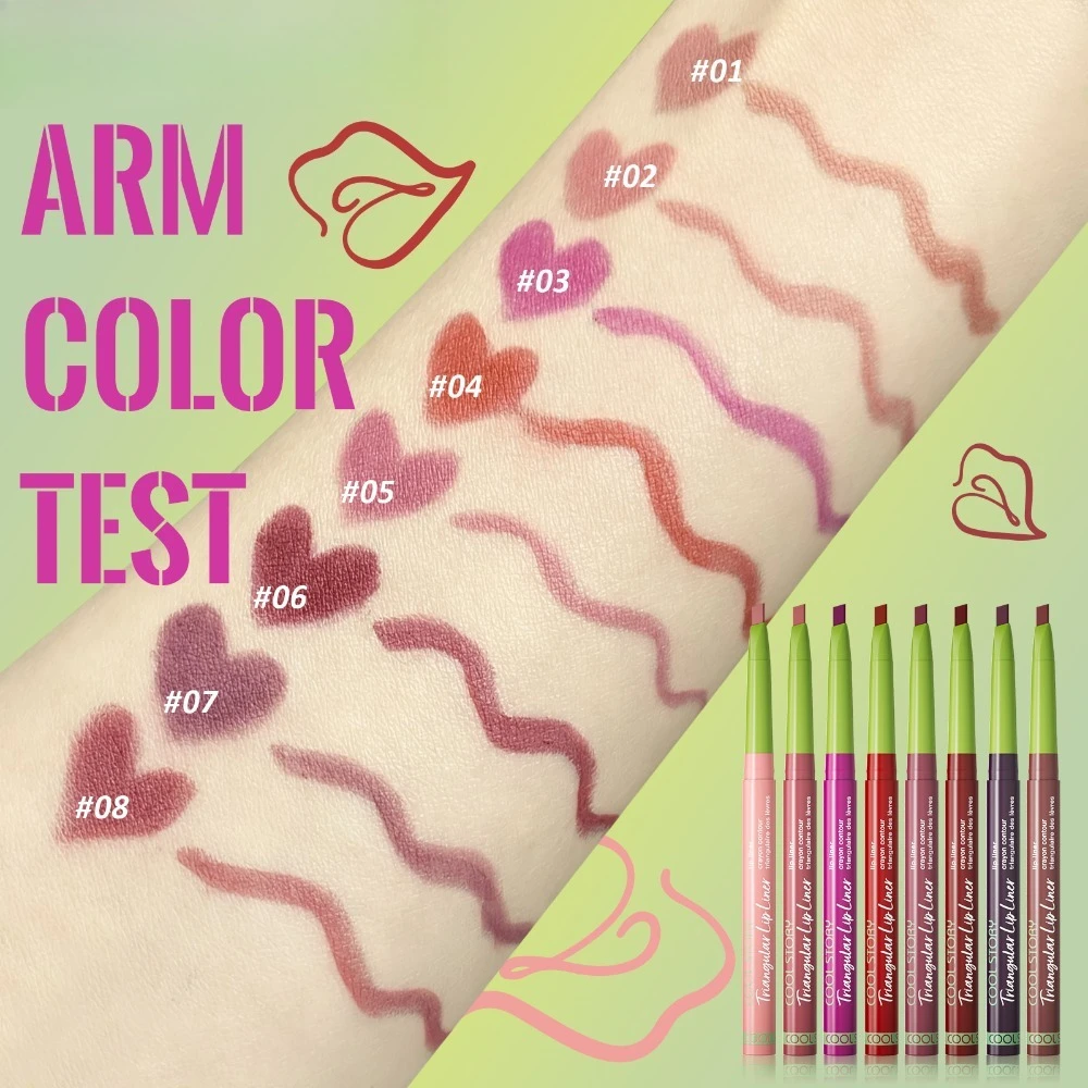 Zestaw konturówek do ust 8 szt. Matowe, trójkątne, wodoodporne, długotrwałe kredki do precyzyjnego konturowania i modelowania ust, odporne na rozmazywanie, do noszenia przez cały dzień.