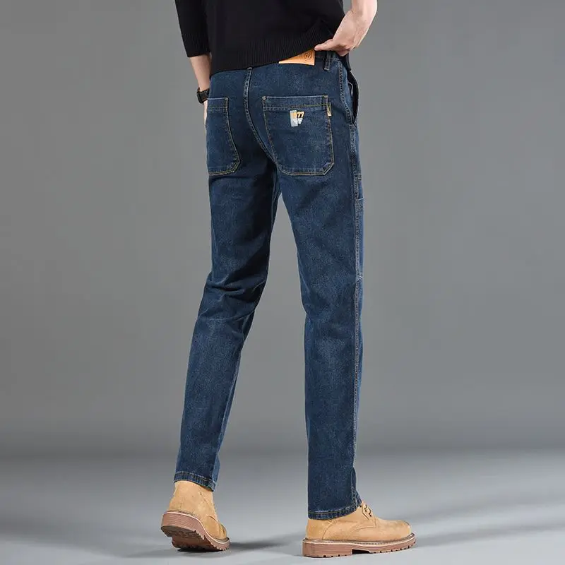 Autumn/Winter Men Slim Fit Korean Style Jeans Elastic Straight Leg Trousers Mid Waist Casual Denim Pants High-end