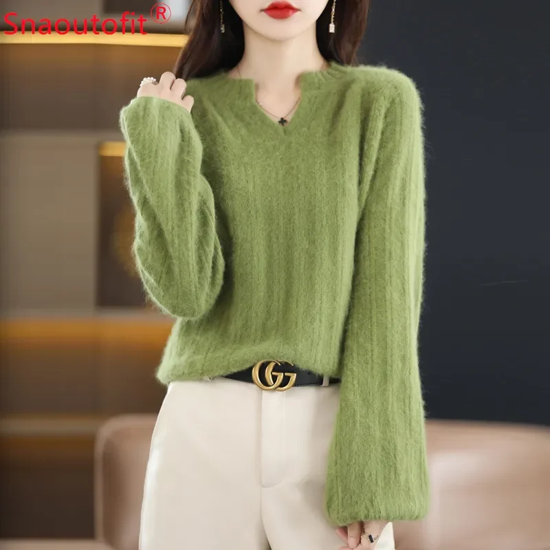 

Women's 100% Mink Cashmere Sweater Thick Super Warm Knit Pullover Autumn and Winter Fashion Puffy Sleeve Small V-Neck Ladies Top