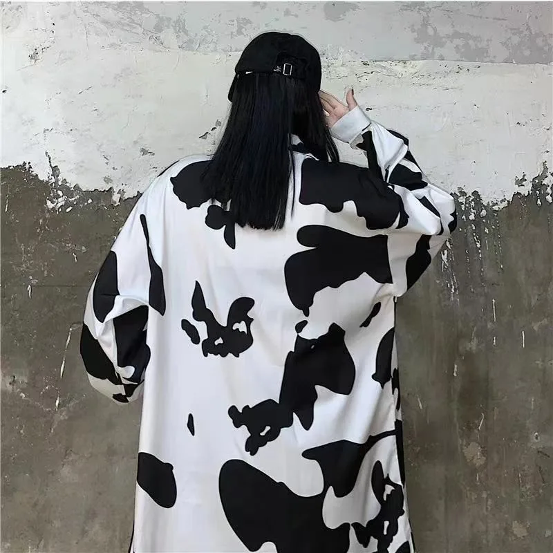 DAYIFUN Women Blouse Summer Oversize Milk Cow Print Lapel Silk Shirts with Pocket Short Sleeve Casual Female Top Cardigan Blusas