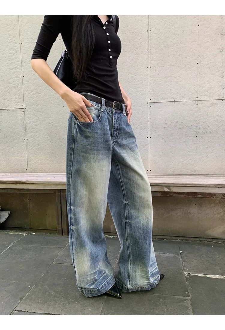 

Women's Vintage Tie Dye Blue Straight Jeans Street Style Trousers Cool Girl Casual Bottoms Female High Waist Wide Leg Pants