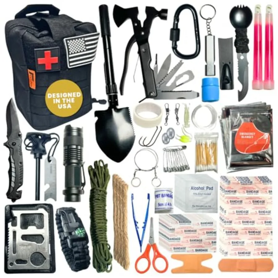 

175-Piece Survival Kit First Aid Kit for Emergency and Outdoor Adventures IFAK Fishing Gear MOLLE-Compatible Bag Car Travel Cam