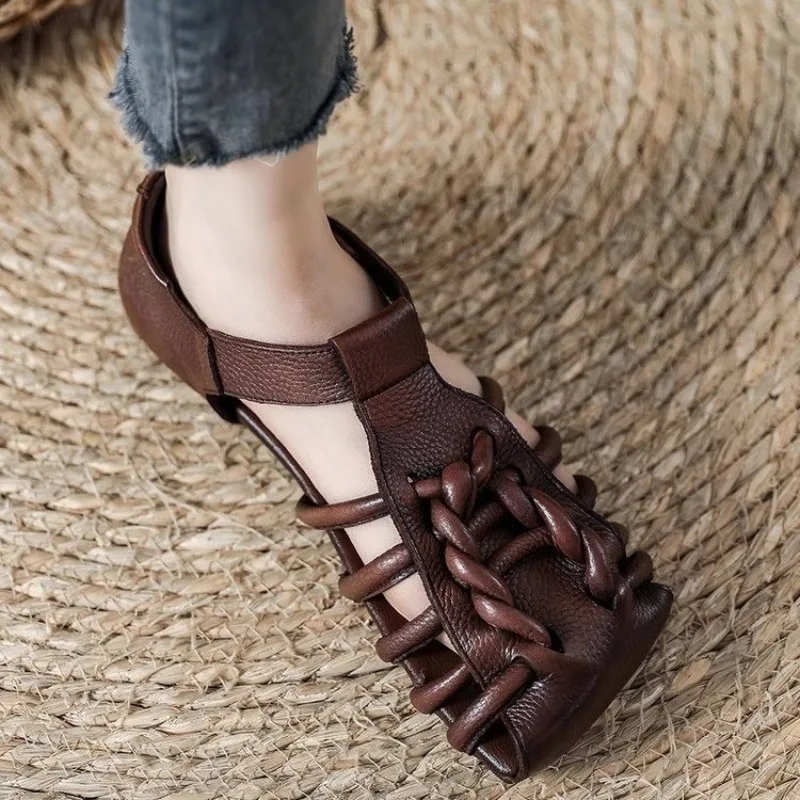 Sandalias genuinas para mujer, Sandalias romanas planas huecas de estilo literario tejidas hechas a mano, zapatos de verano para mujer, Sandalias