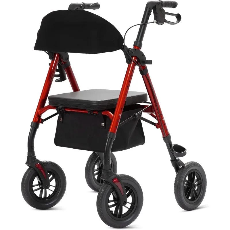 

All-Terrain Rollator Walker with 10” Non-Pneumatic Wheels, Sponge Padded Seat and Backrest, Fully Adjustment Frame, Red