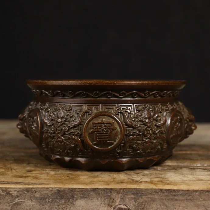 Large Pure Copper Lion Ear Treasure Bowl, Wealth Accumulation Savings Jar, Crafts, Living Room, Museum Frame Decoration