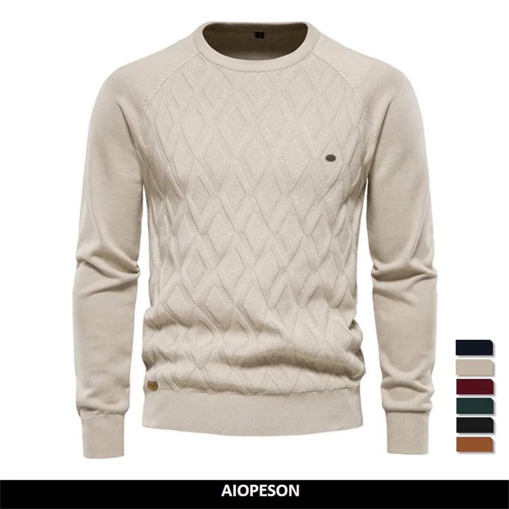 AIOPESON Argyle Basic Men Sweaters Solid Color O-neck Long sleeve Knitted Male Pullover Winter Fashion New Warm Sweaters for Men