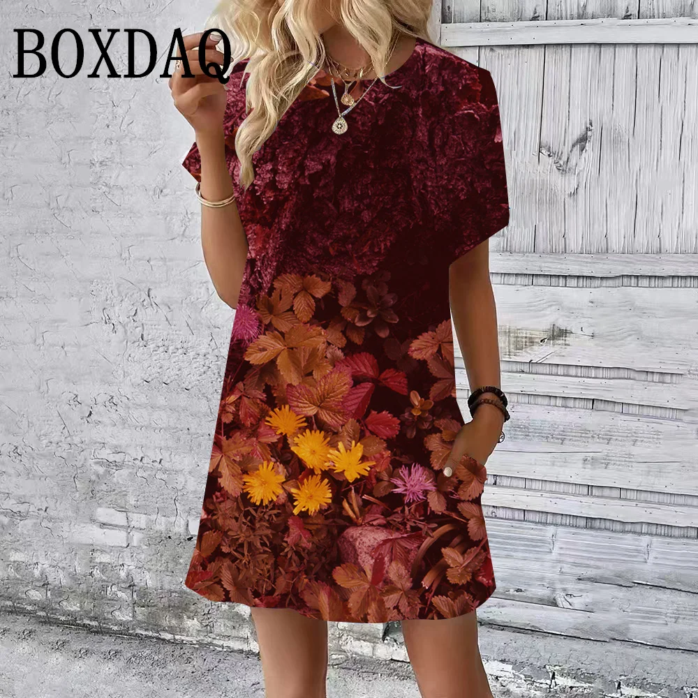 Summer Short Sleeves Dresses Classy Women Dress Loose A-Line Dress Vintage Floral Plant Print Woman Clothing Casual Round Collar