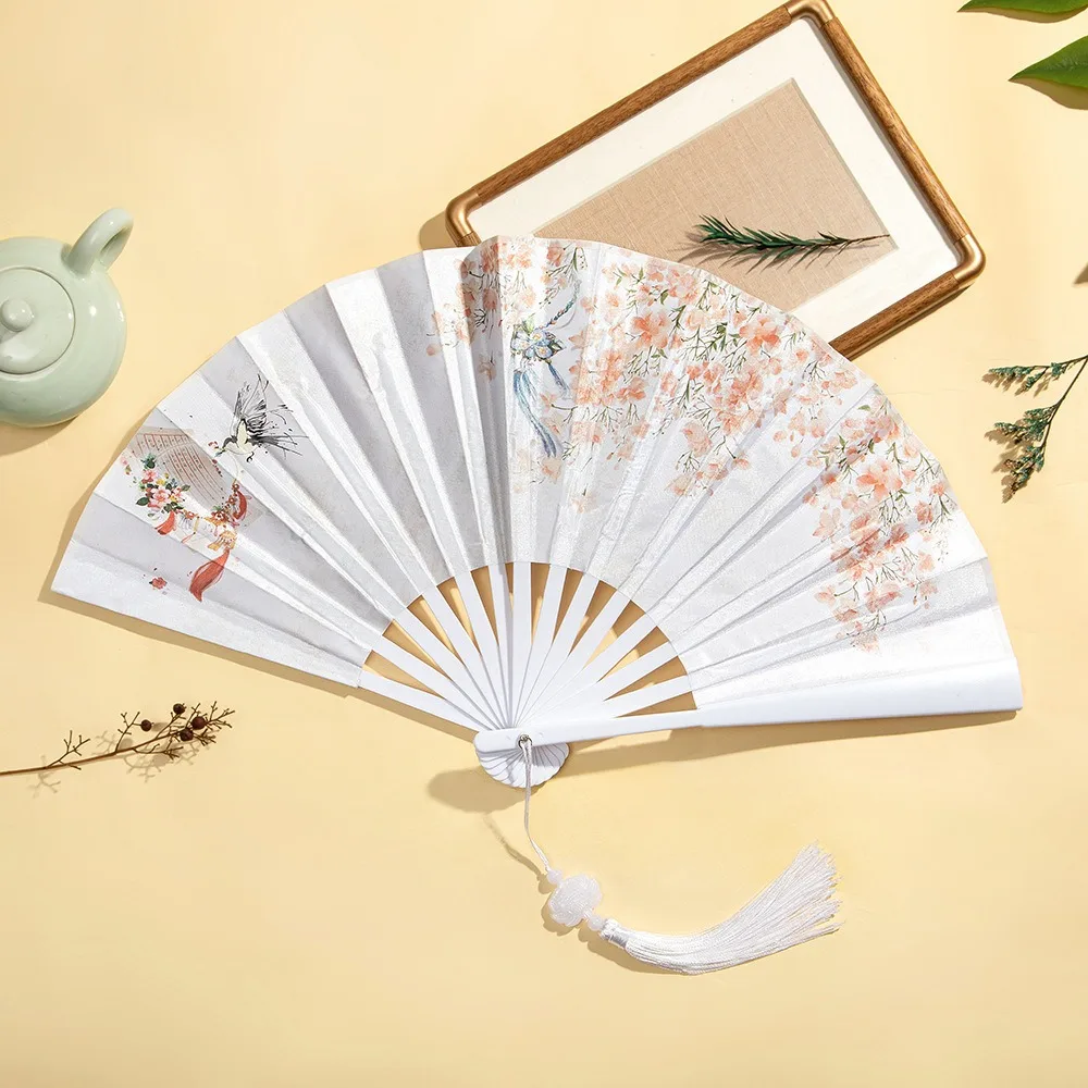 2024 Silk Vintage Folding Fan Bamboo Tassel Elegent Hand Fan Colorful Hand Fan Shank Classical Dance Fan Home Decoration
