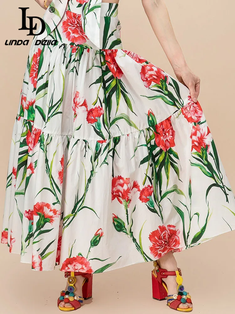 

LD LINDA DELLA Designer Summer Runway Fashion Cotton Skirts Women's Bohemia Vacation Floral print Elegant Midi Skirts