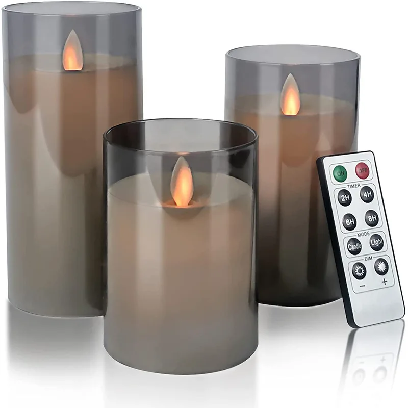 3Pcs LED Candle Light Gray Candle Cylindrical Glass Flashing Warm Light Electronic Remote Control Candle Gift Flameless Light